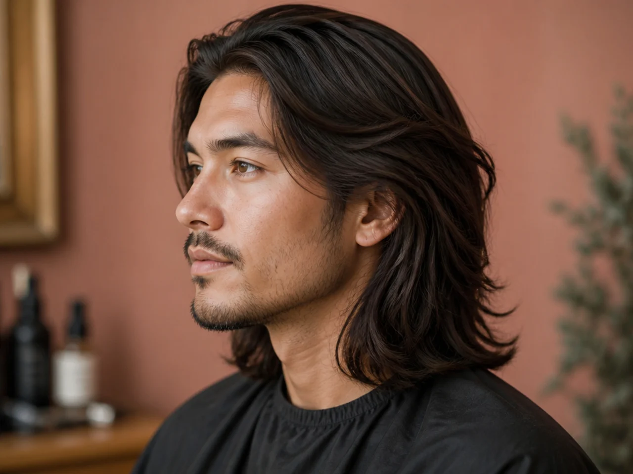 Young man in a stylist chair showing phone photos of long hairstyle references to a professional stylist mid-consultation