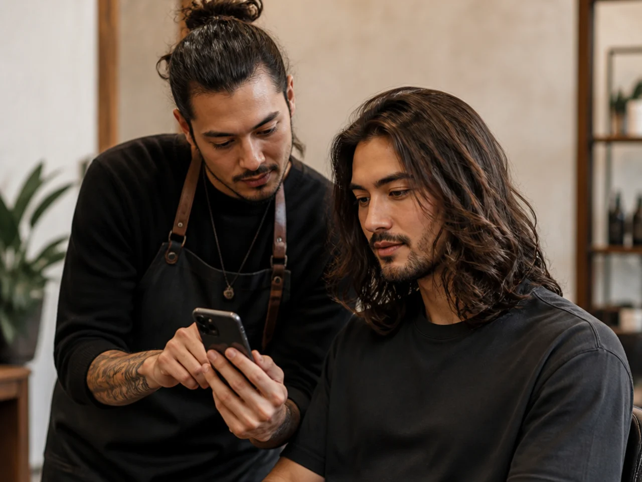 Barber and young man reviewing long hairstyle photos on a phone during a stylist consultation