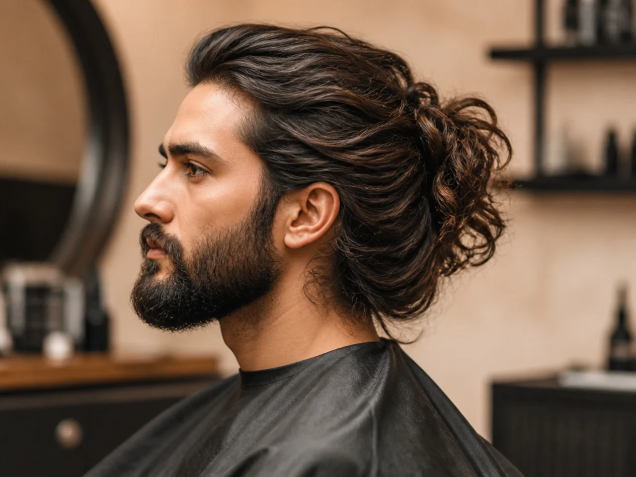 Overhead flat-lay of the essential long hair styling kit for men including sulfate-free shampoo, leave-in, sea salt spray, matte cream, and a wide-tooth comb