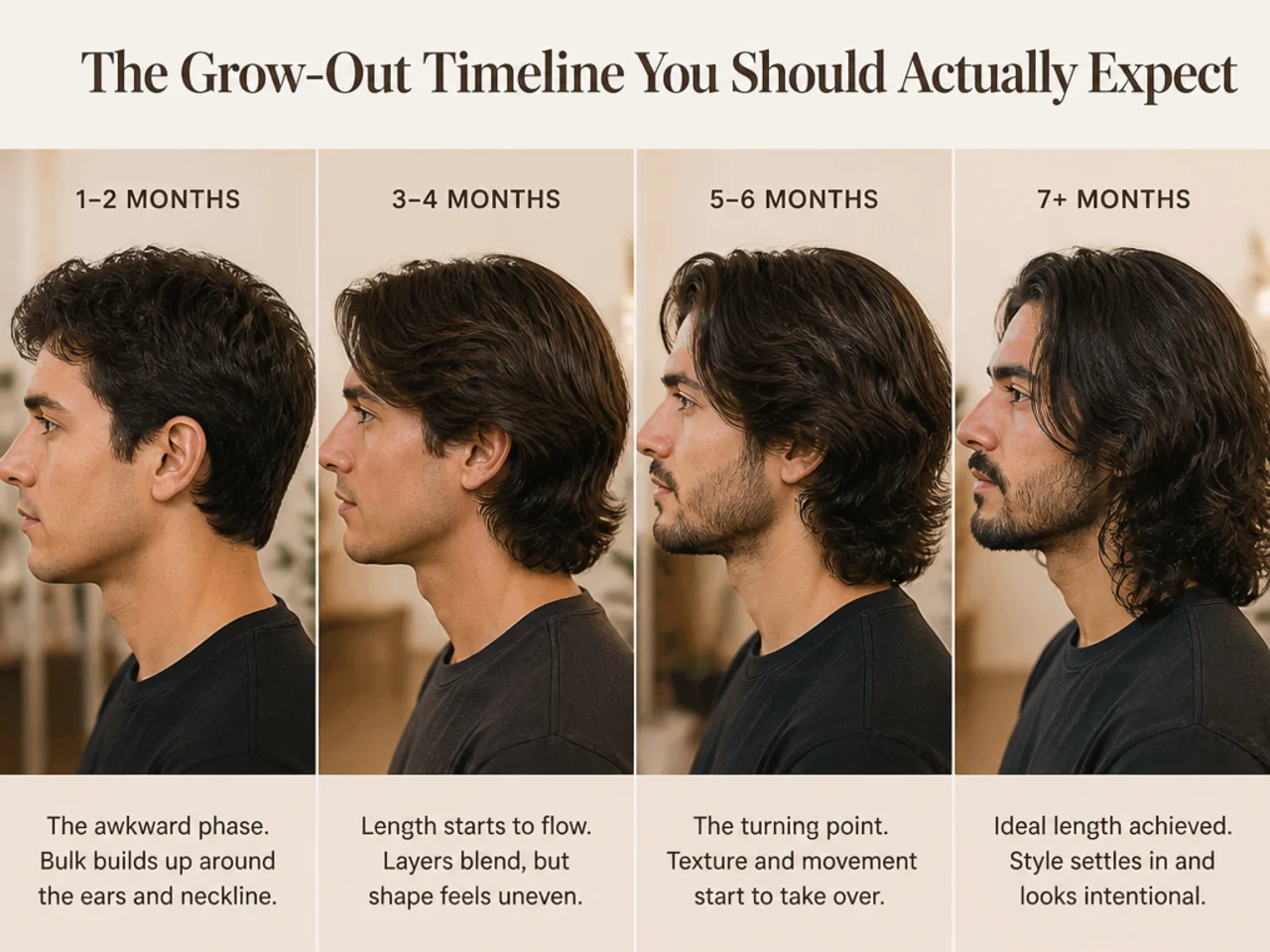 Editorial four-panel documentary shot showing the grow-out timeline from short cut to shoulder-length long hair on a young man