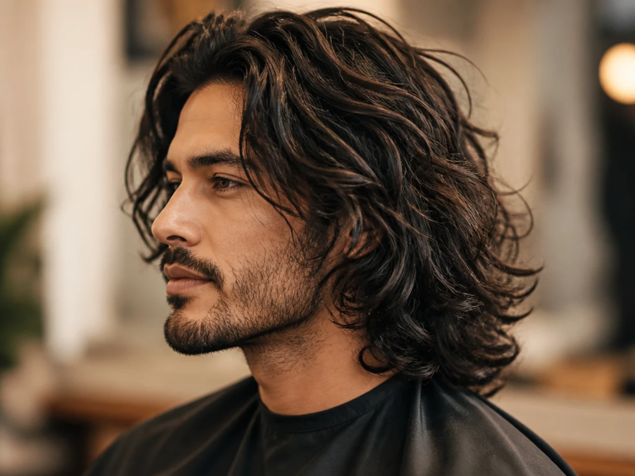 Young man with shoulder-length wavy brown hair swept back in a natural long flow, editorial portrait