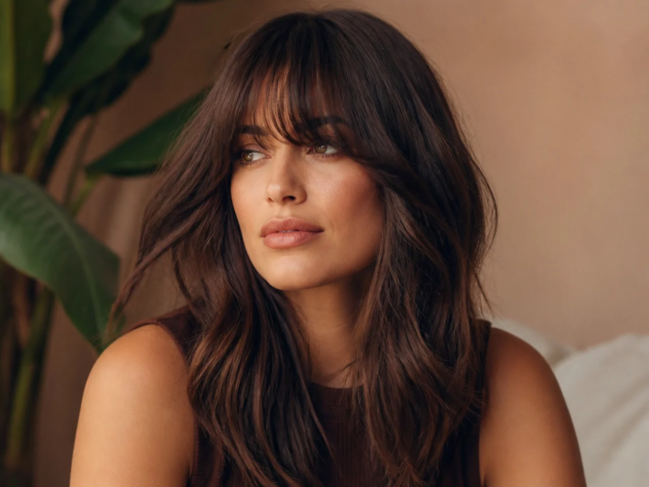 Heavy curtain bangs on thick long hair