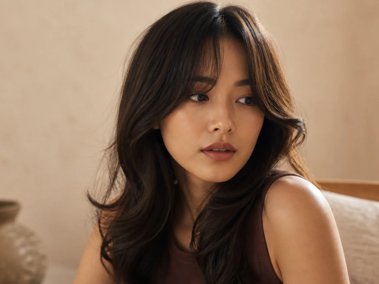 Curtain bangs with an off centre parting