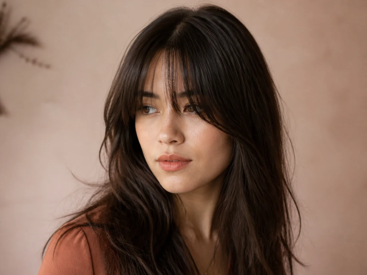 Curtain bangs cut long to sit over a front cowlick