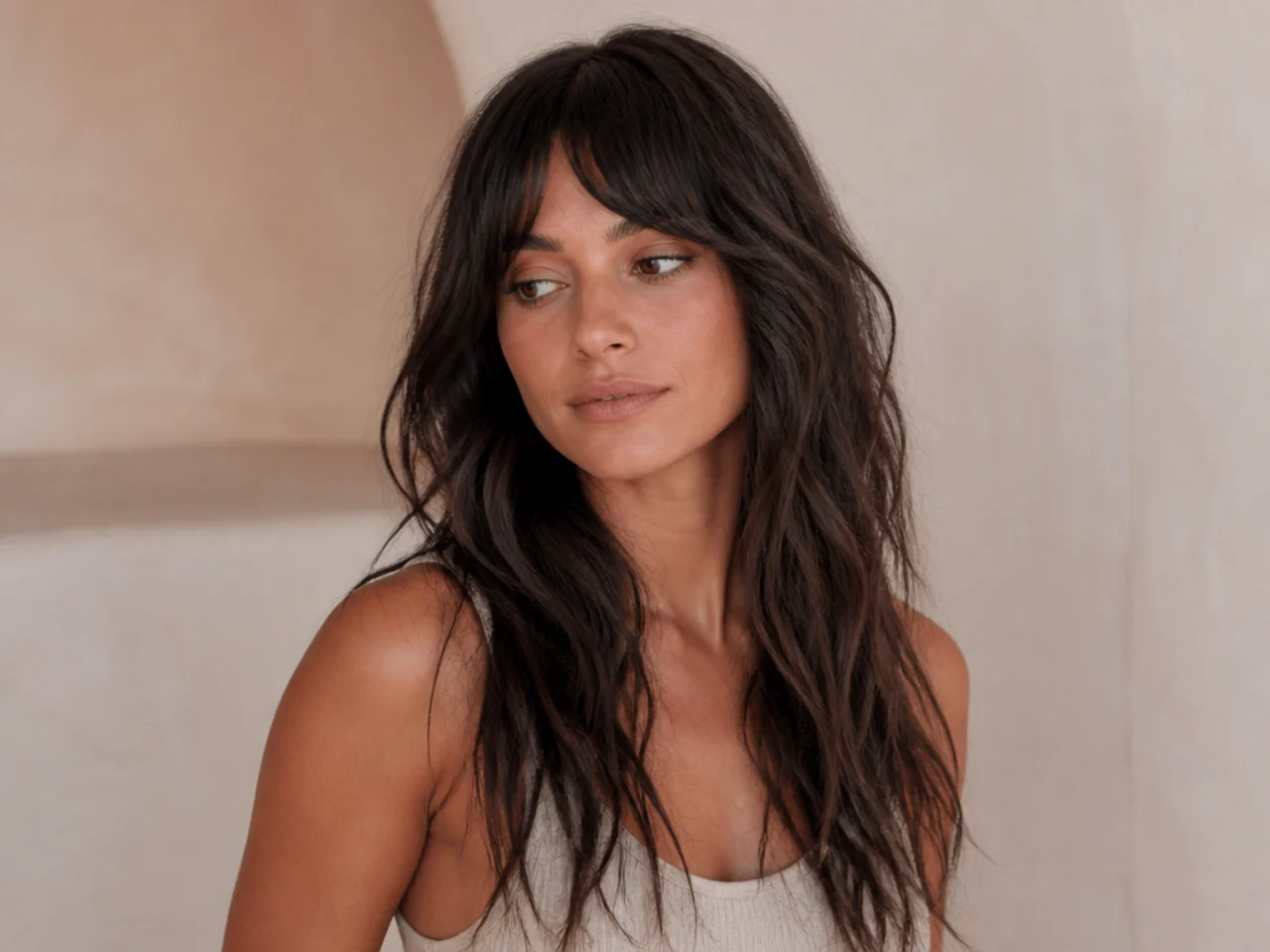 Curtain bangs above long beachy waves