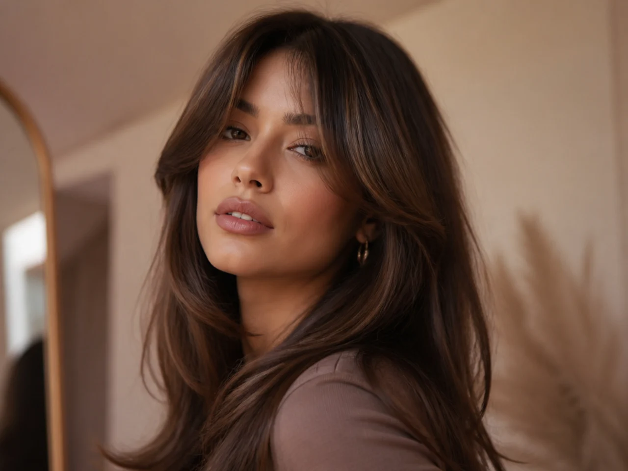 Curtain bangs blow dried smooth with a round brush