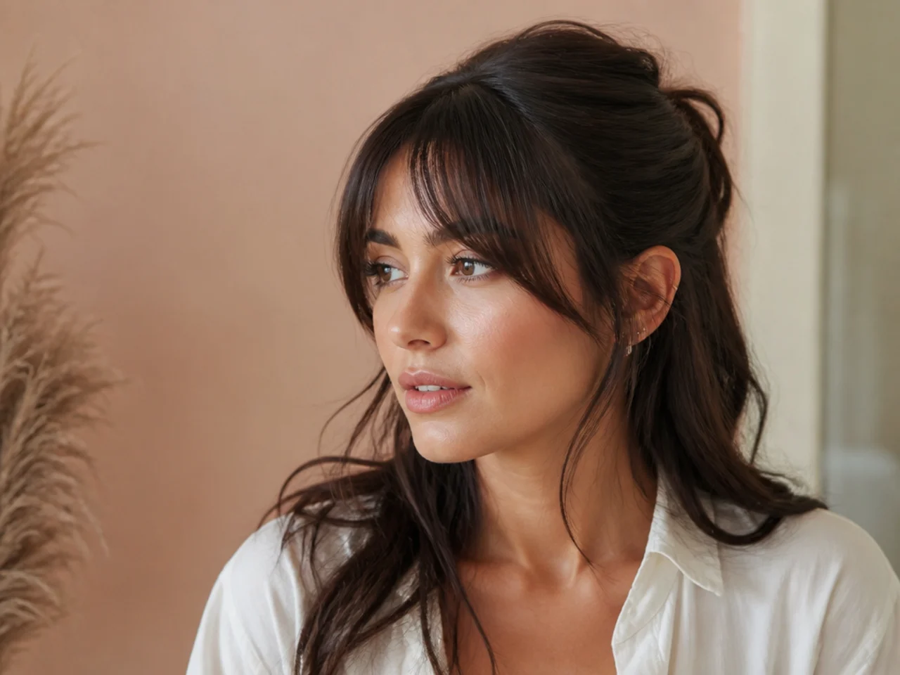 Curtain bangs worn with a half up style