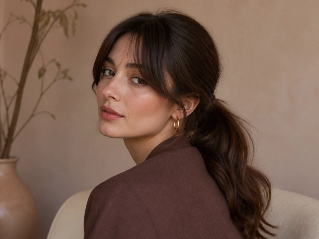 Curtain bangs worn with a low ponytail