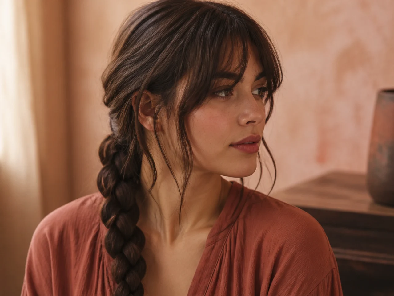 Curtain bangs worn with a braid