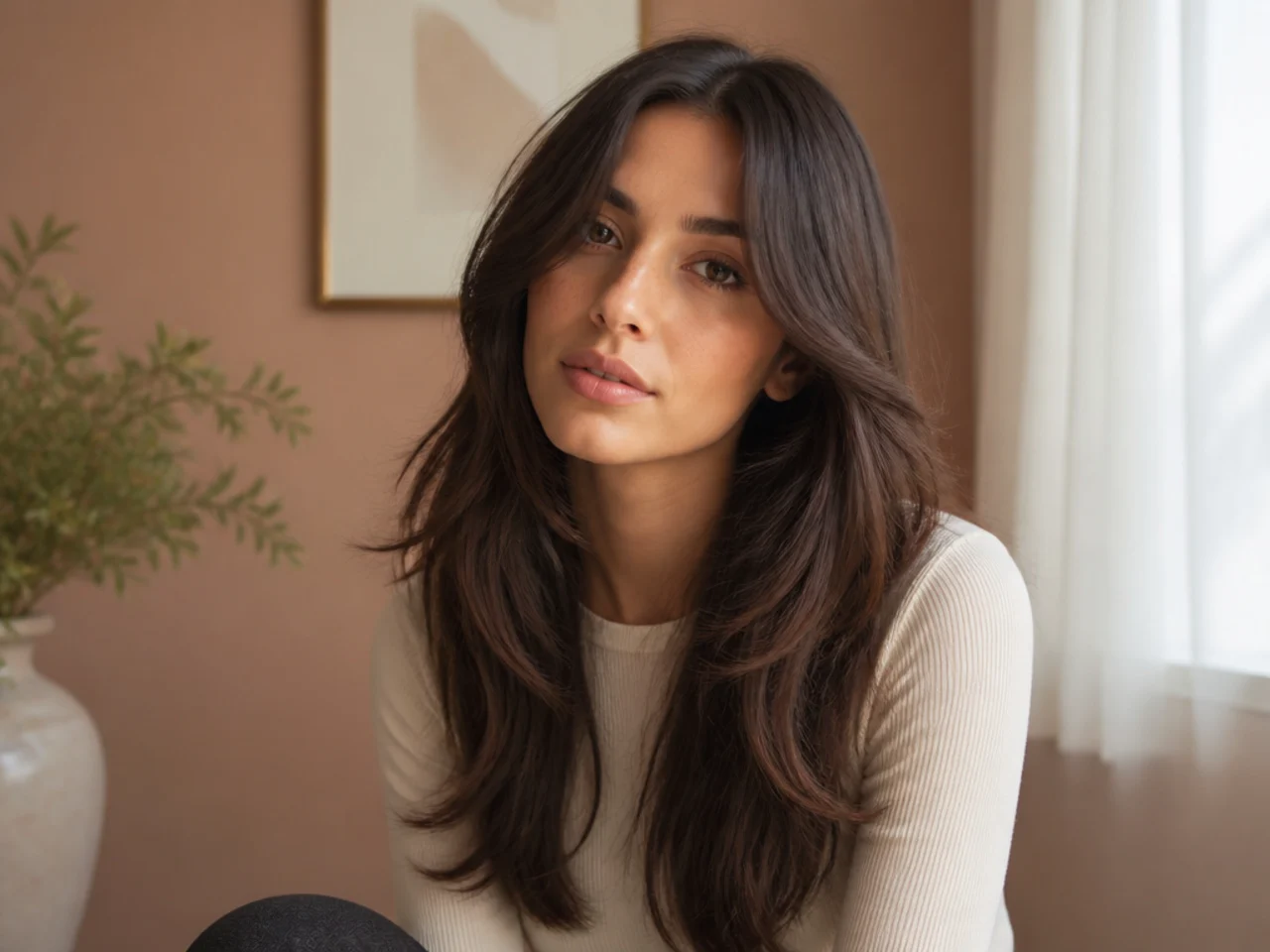 Long jaw length curtain bangs on long hair
