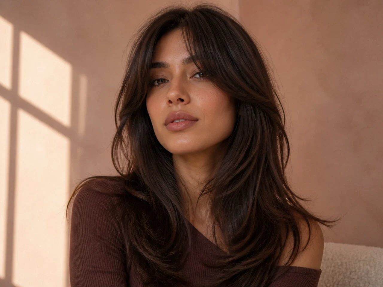 Curtain bangs blending into long layers