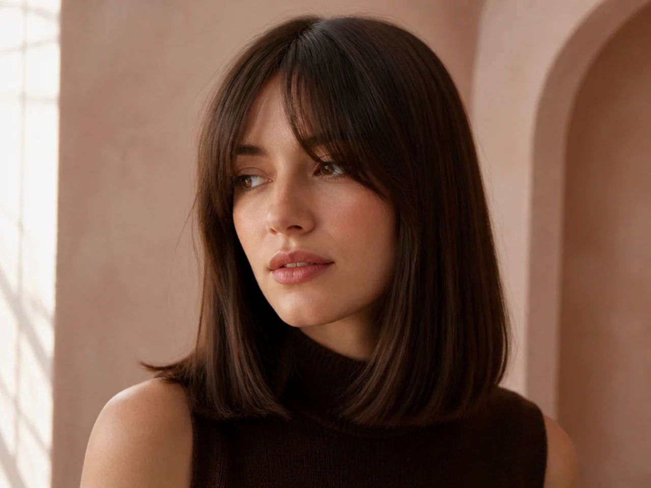 Curtain bangs above a blunt one length cut