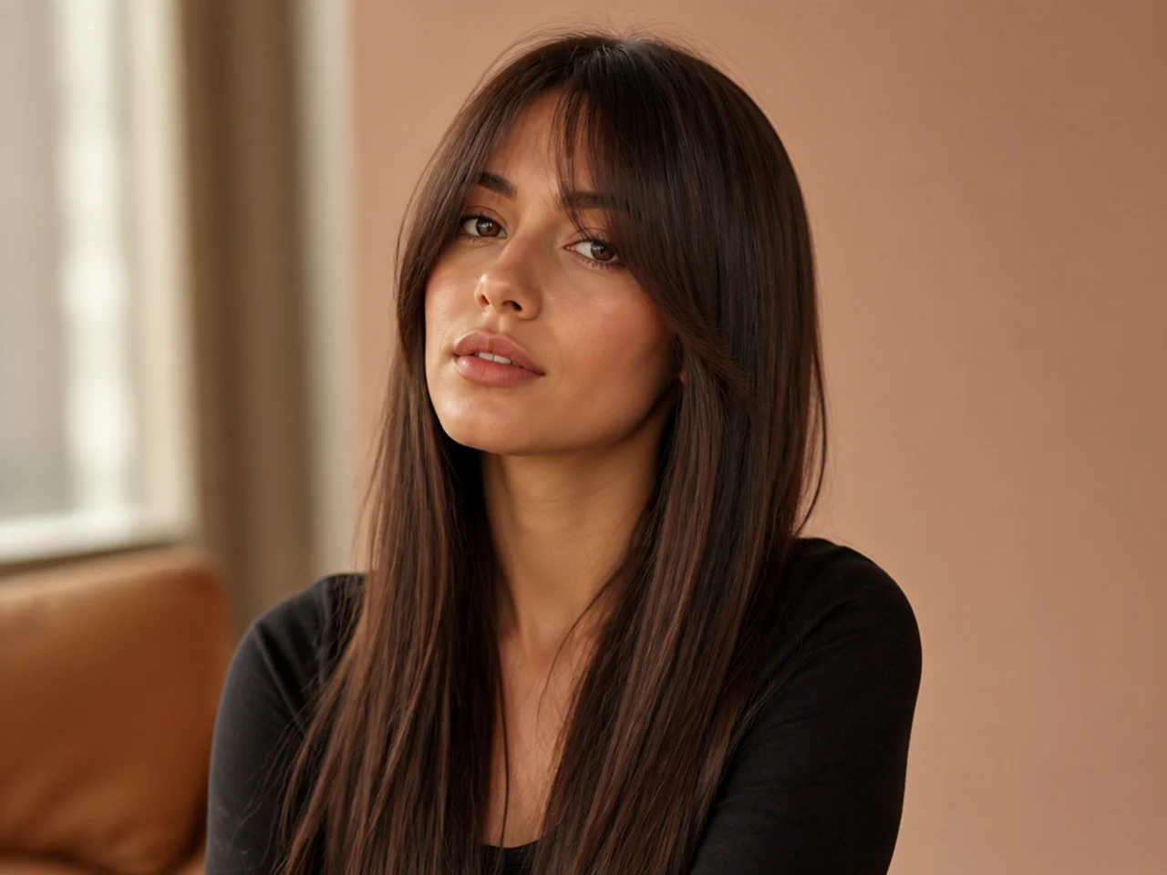 Curtain bangs on long straight hair