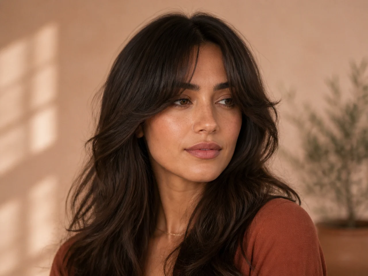 Curtain bangs on long wavy hair
