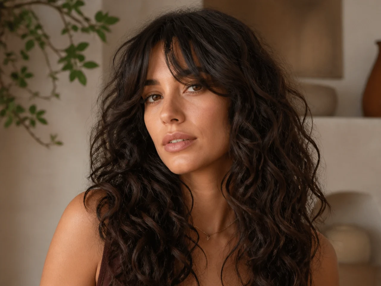 Curtain bangs on long curly hair