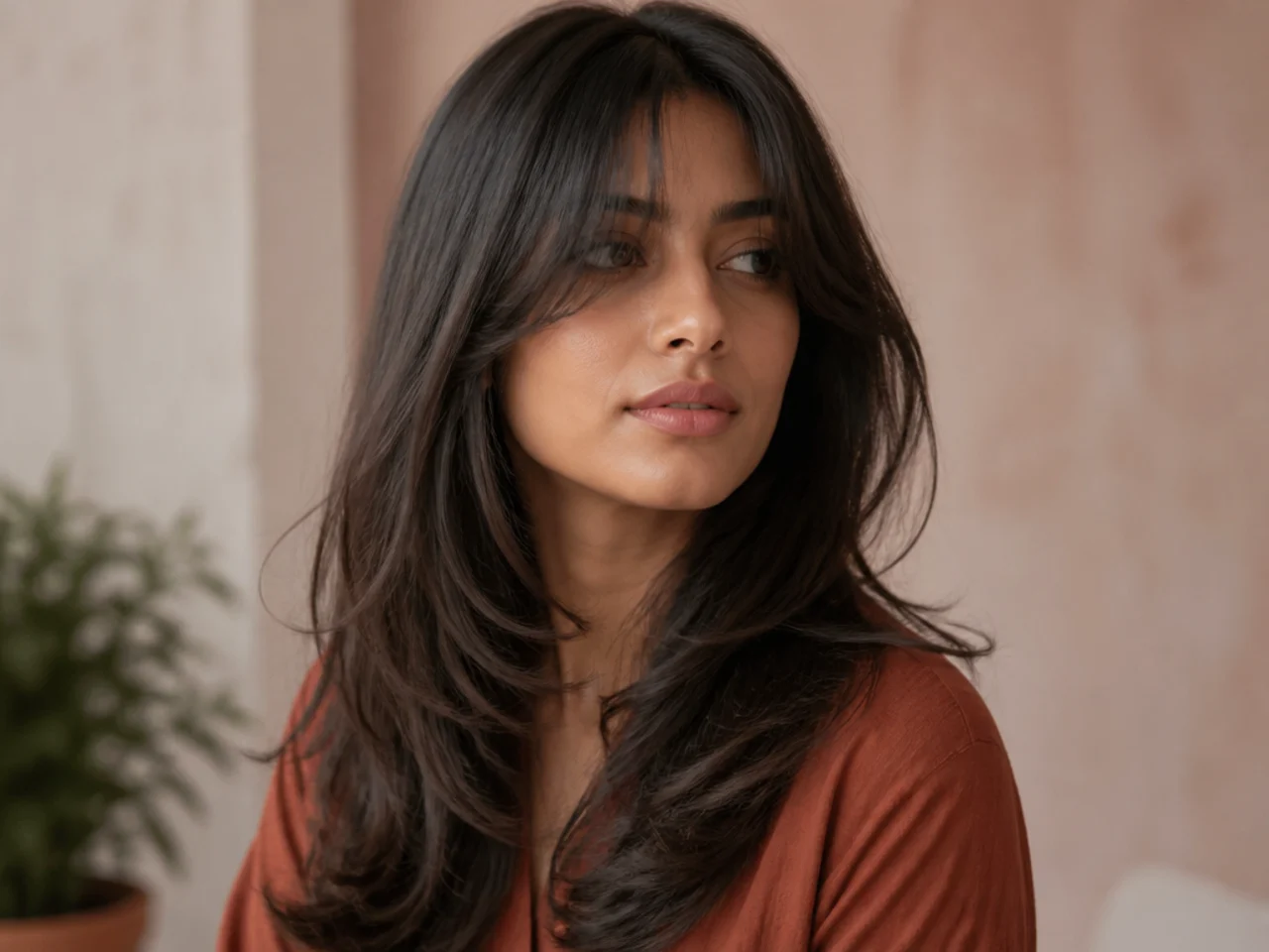 Three quarter view of long hair with curtain bangs