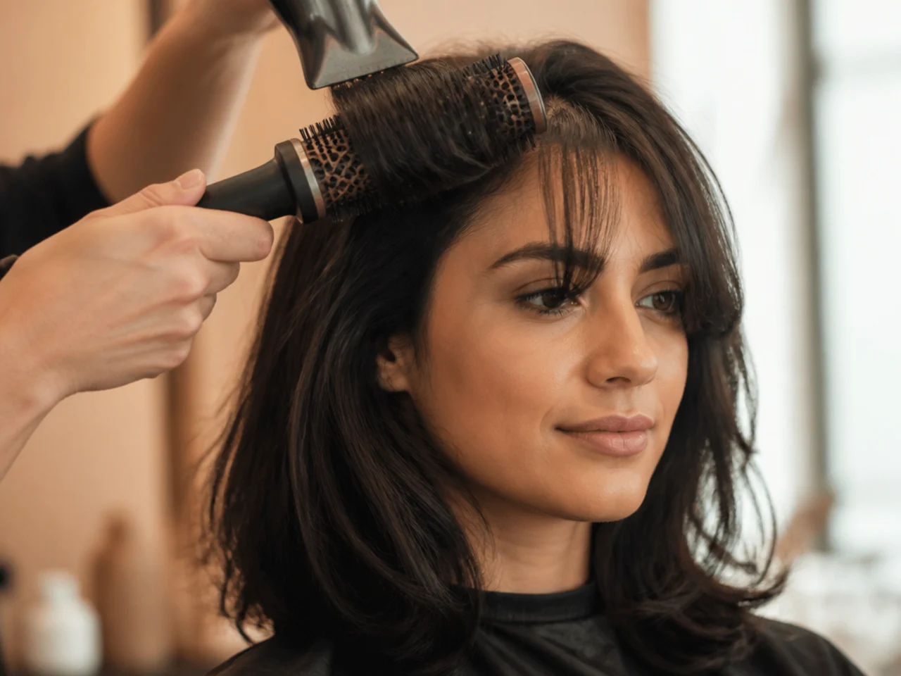 A round brush drying a fringe root away from the face