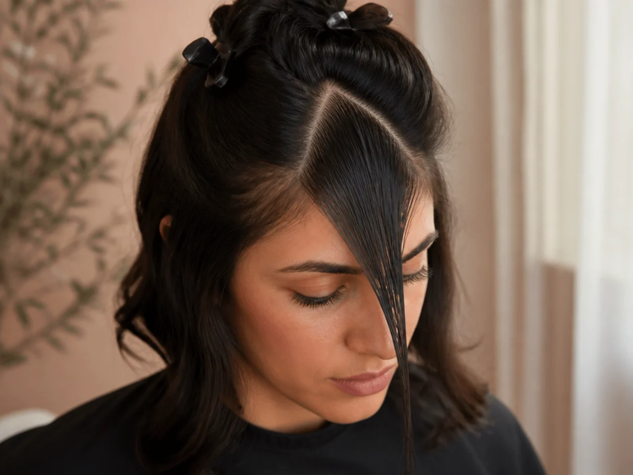 A triangular fringe section sectioned off along a centre parting