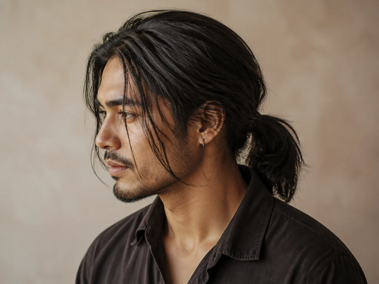 Man with long dark hair gathered into a low ponytail at the nape with soft face-framing pieces