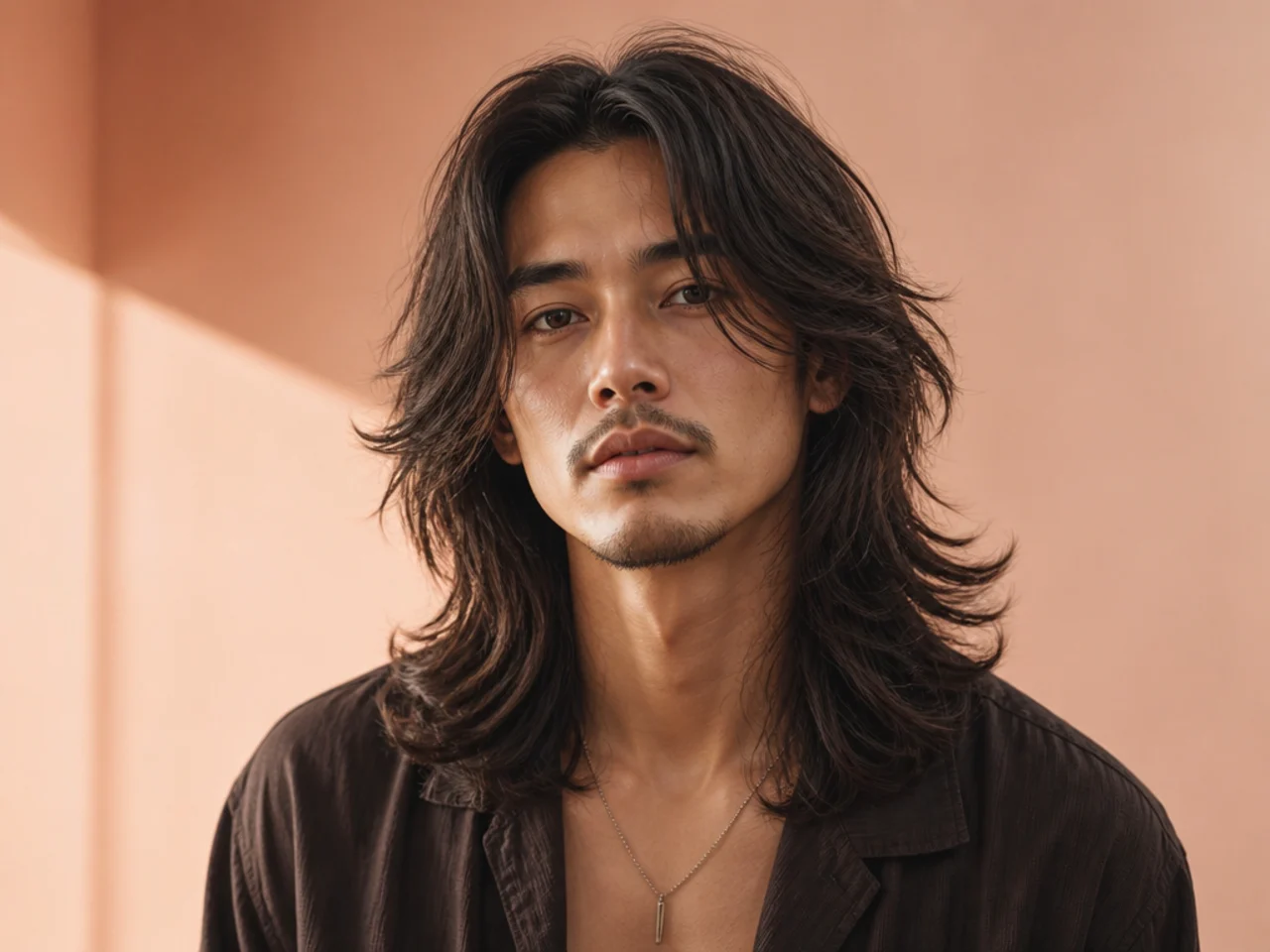 Man with long wavy shag haircut with heavy piecey layers and a curtain fringe
