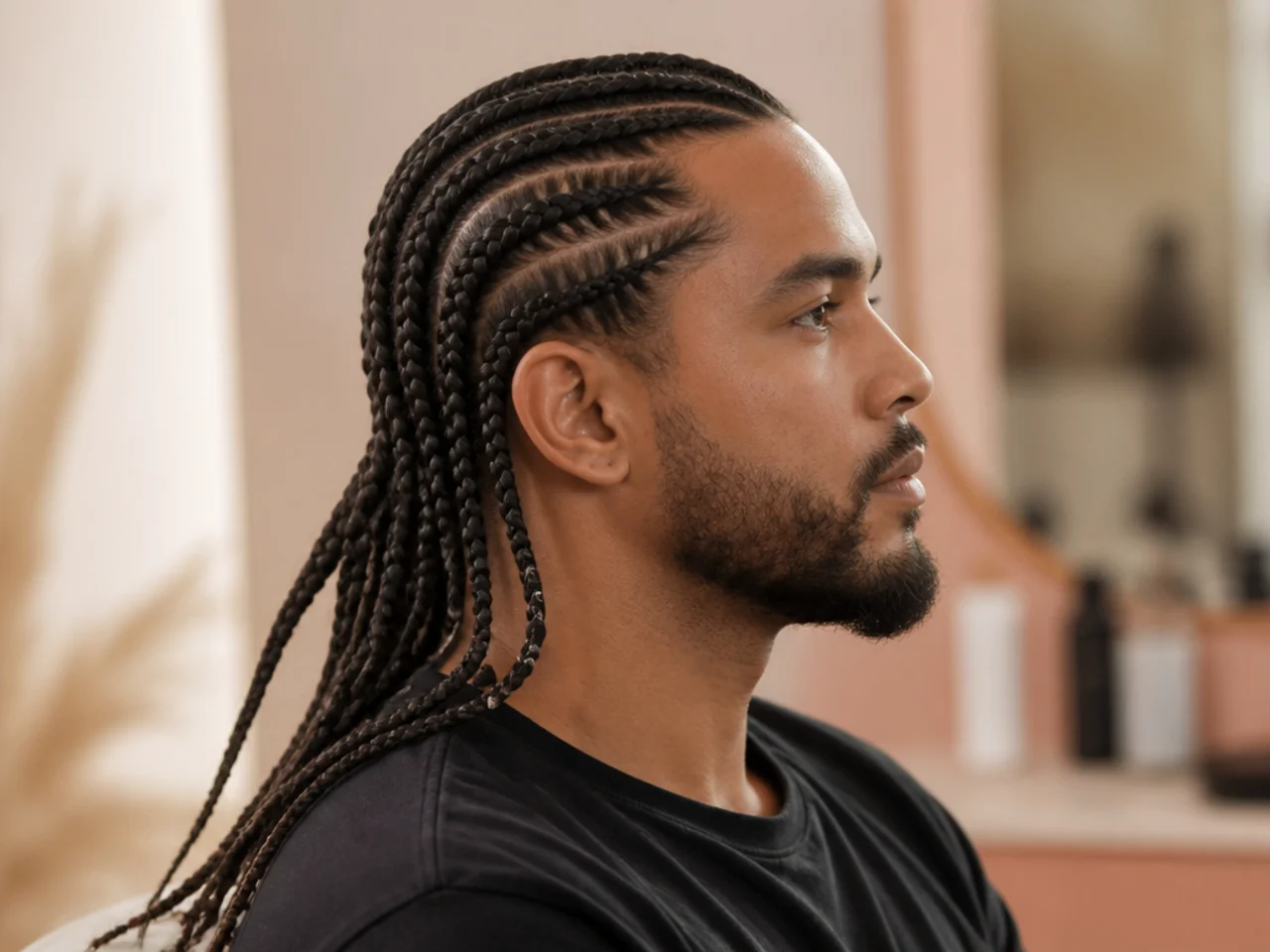 Man with long hair styled in a single French braid down the back, side profile