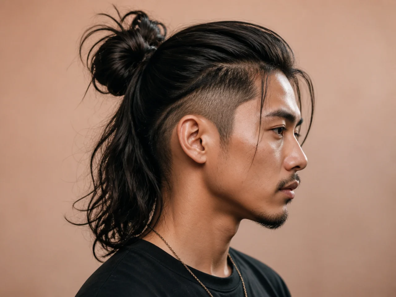 Man lifting long hair to reveal a hidden undercut at the nape and behind the ears