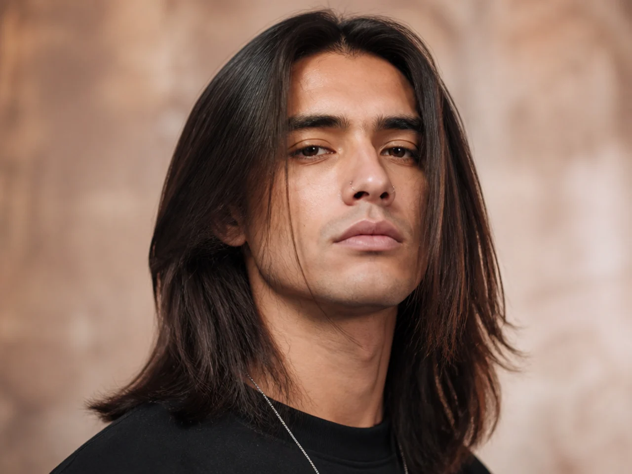 Man with long straight dark hair falling past the shoulders with center part and blunt ends