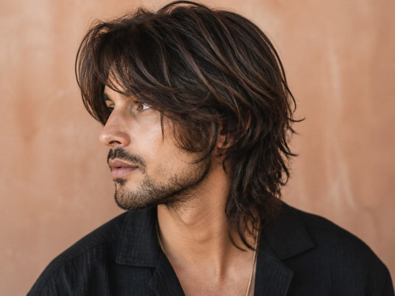 Man with long layered hair and a heavy textured fringe falling past the eyebrows