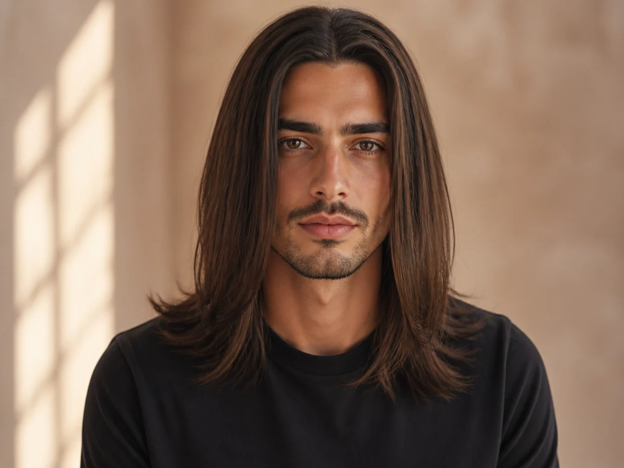 Man with long straight brown hair in a clean middle part falling past his collarbone