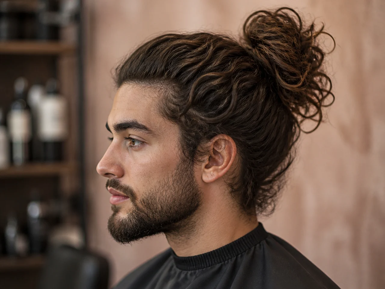 Man with long curly hair pulled into a loose man bun at the back of the head with front curls loose