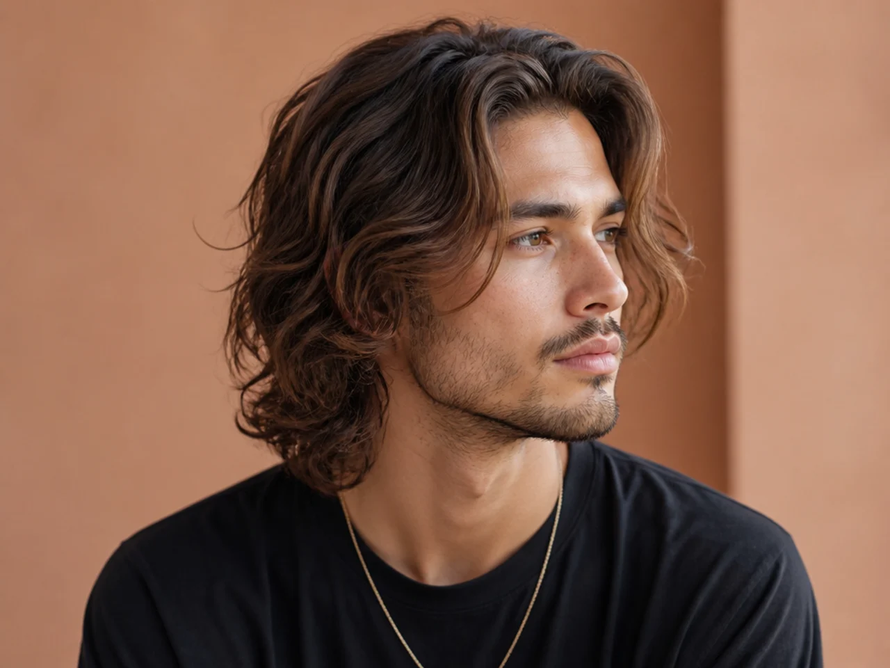 Man with long wavy sun-lightened hair styled in relaxed beach waves falling to shoulders