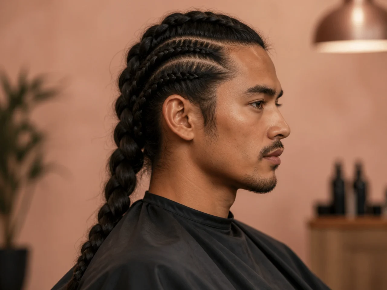 Man with long hair featuring braids along the temples and loose hair down the back