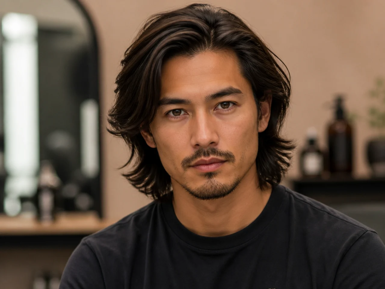 Man with shoulder-length dark brown layered hair swept to one side, warm studio backdrop