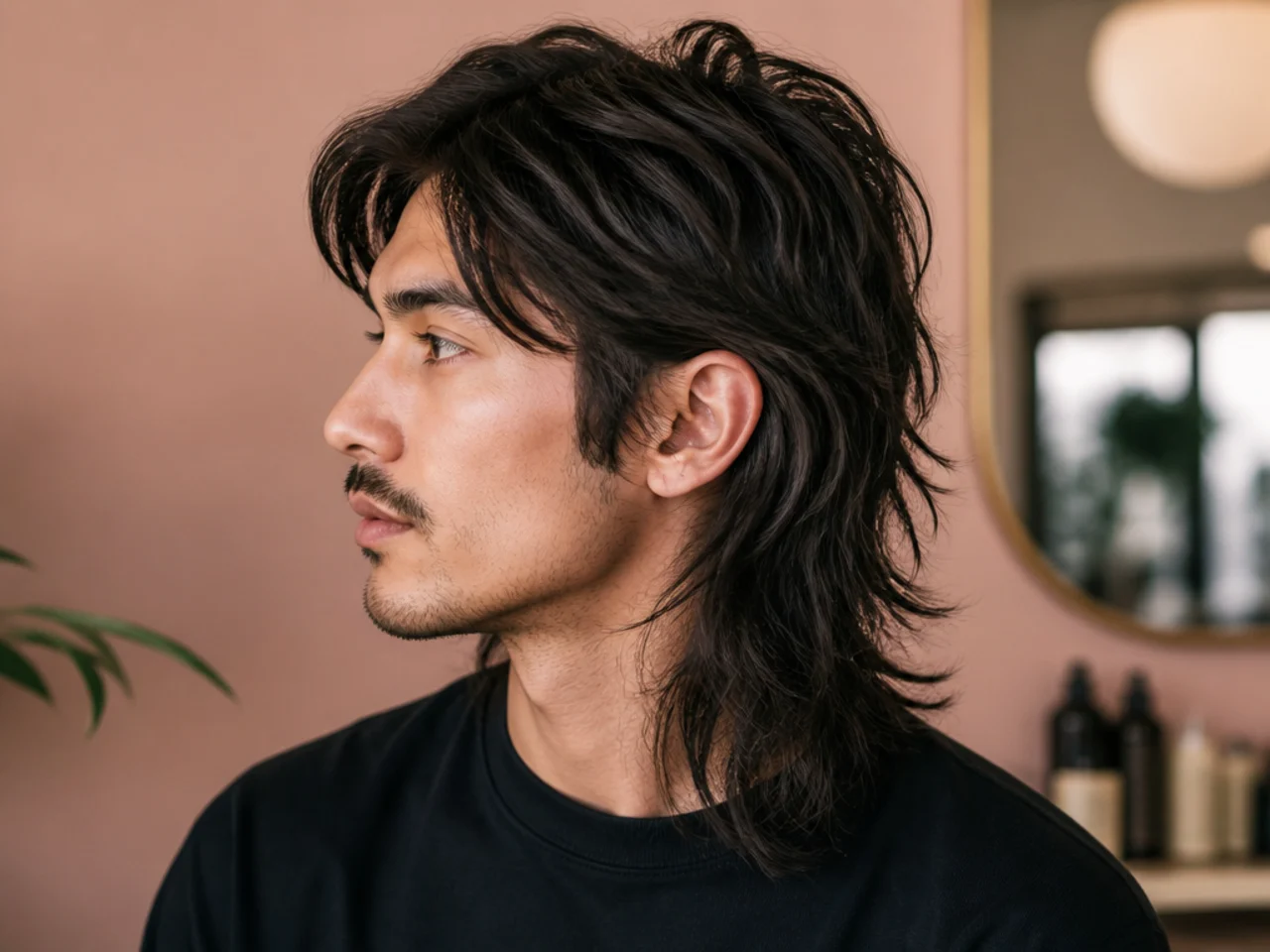 Man with long grown-out mullet with shorter top layers and long back reaching mid-back
