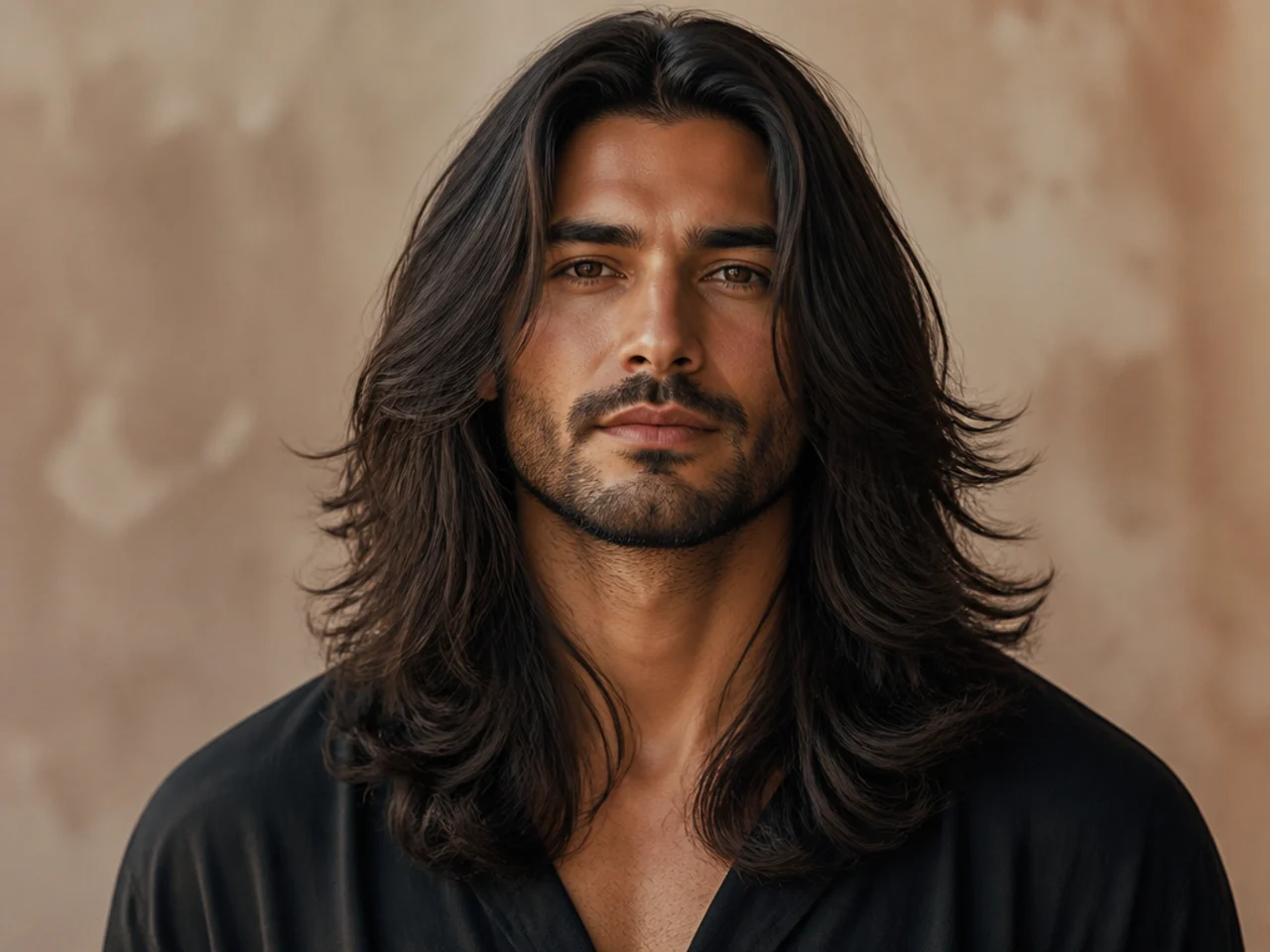 Man with long hair cut in a soft V-shape at the back with layered movement throughout
