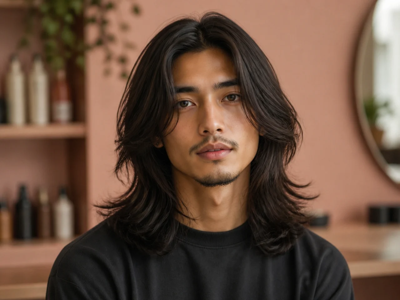 Man with long hair in a center part styled with lifted volume at the roots on both sides