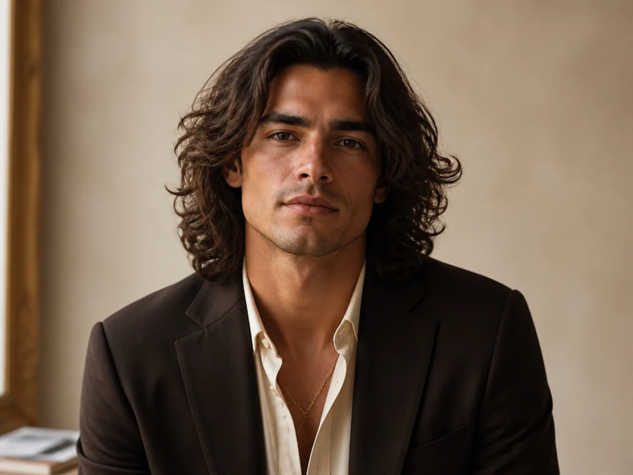 Man with long wavy sandy-brown hair in classic old-money style with soft side sweep and clean edges