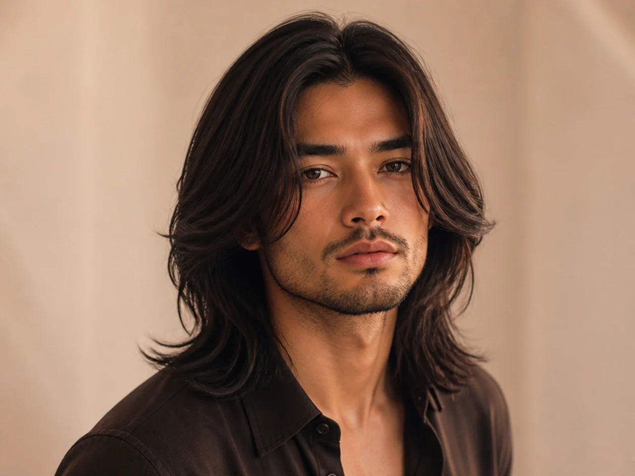Man with long hair featuring short face-framing layers at the cheekbones and jawline