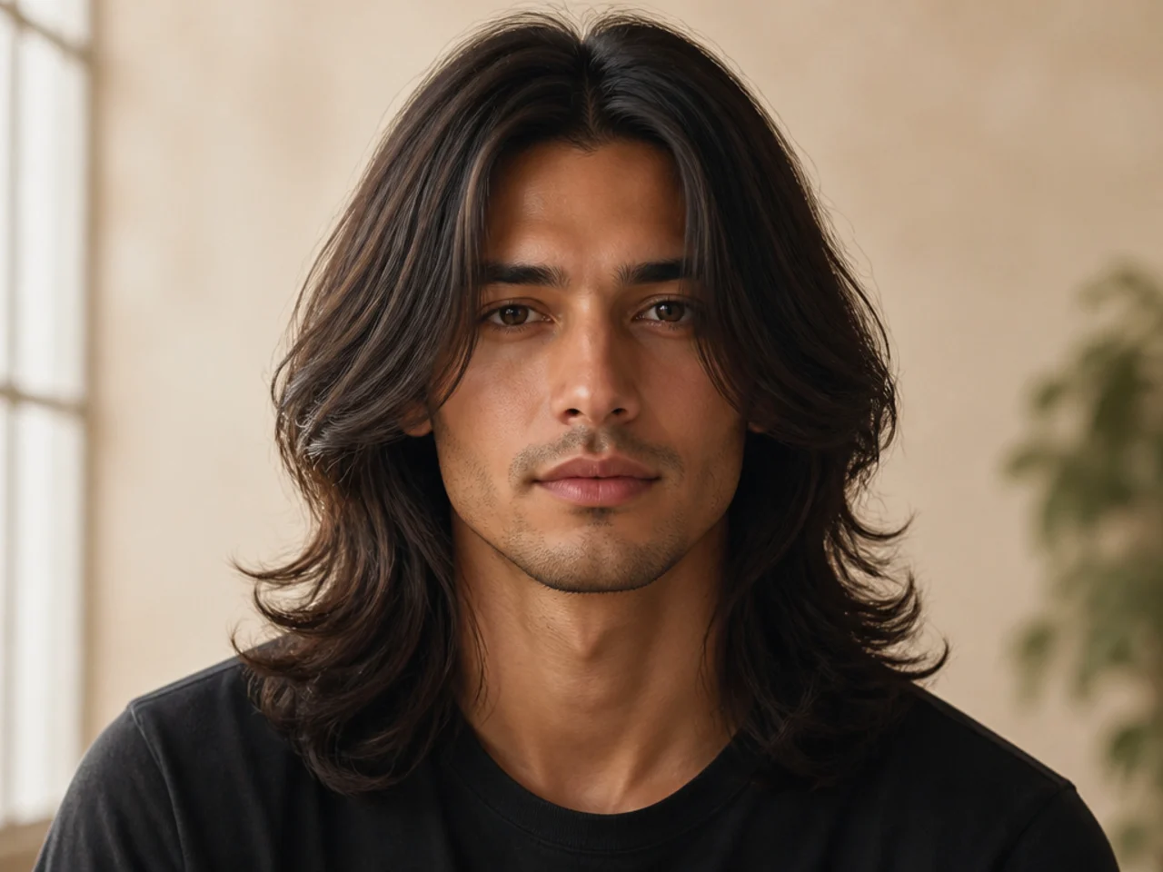 Man with long straight middle-part hair falling in equal curtains beside his face