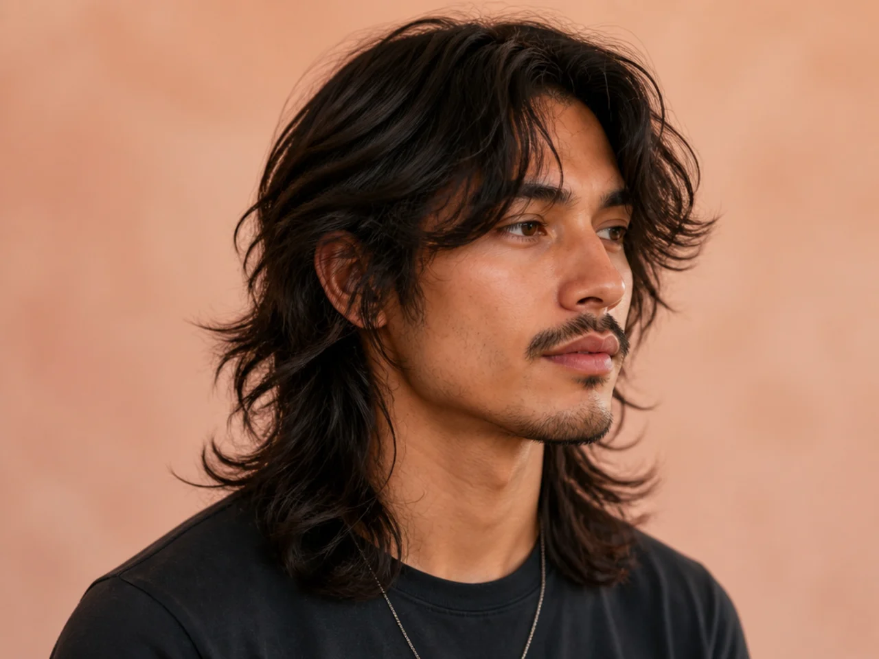 Man with long wavy hair in a shaggy wolf cut with heavy layers and a curtain fringe