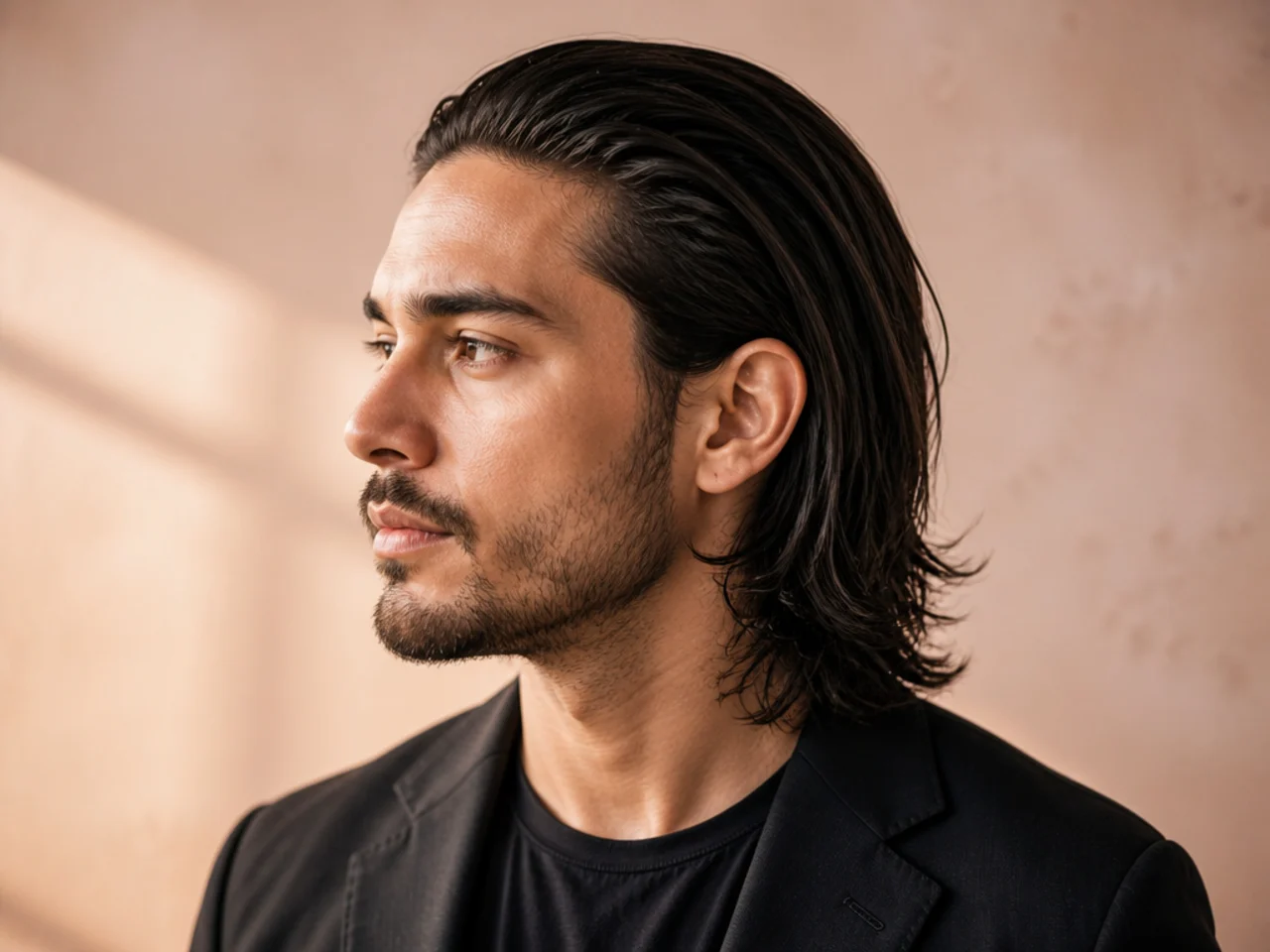 Man with long dark hair slicked straight back off the forehead with pomade shine