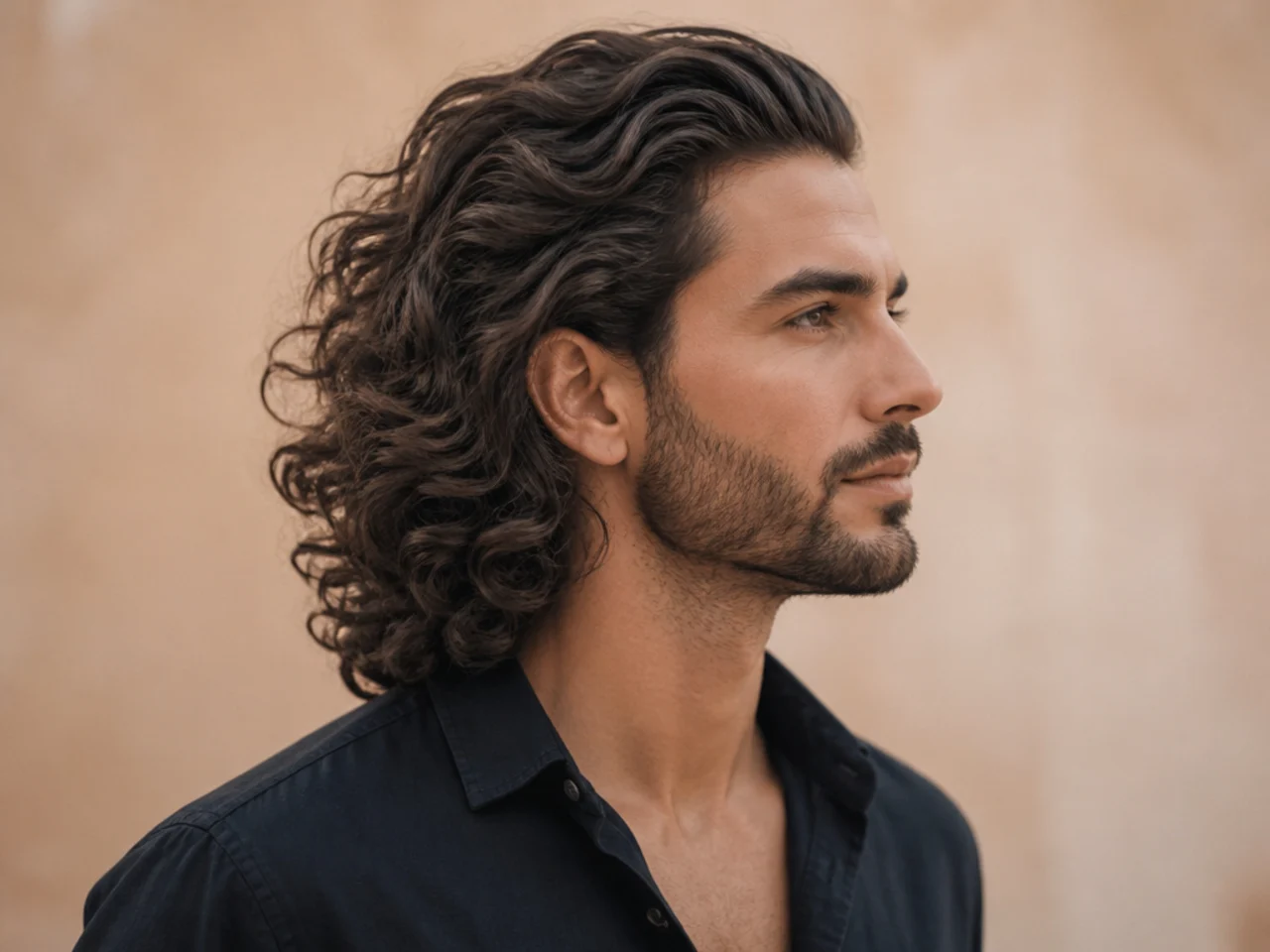 Man with long curly brown hair swept back off the forehead, defined S-curls throughout