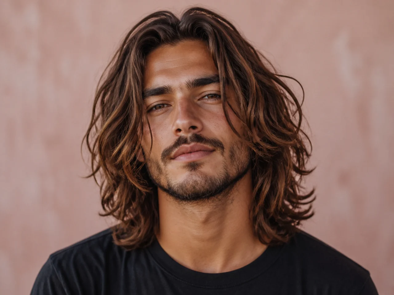 Man with long wavy sun-bleached hair falling forward past the eyebrows in surfer style