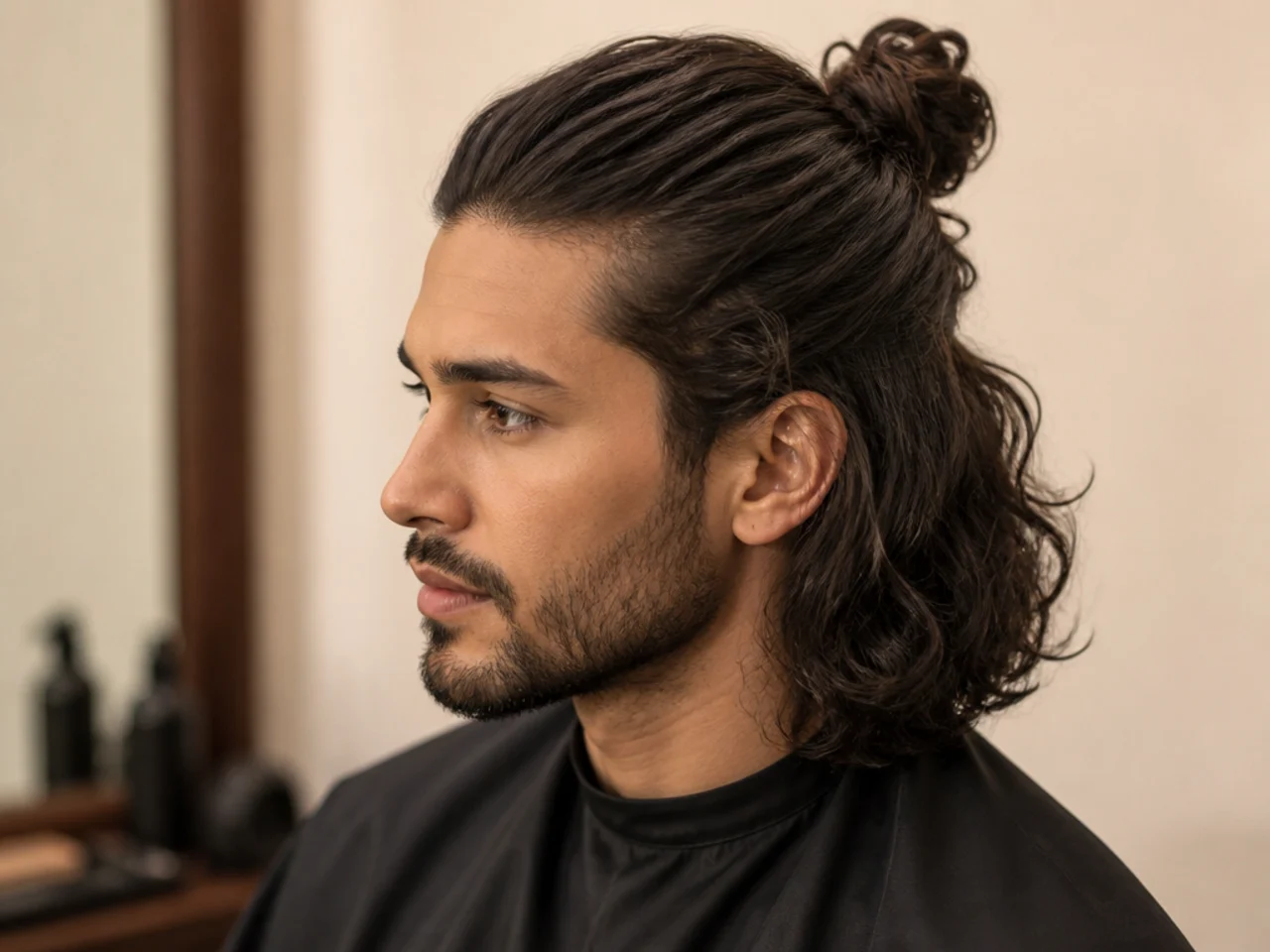 Man with long hair styled in a half-up man bun with the bottom half falling loose