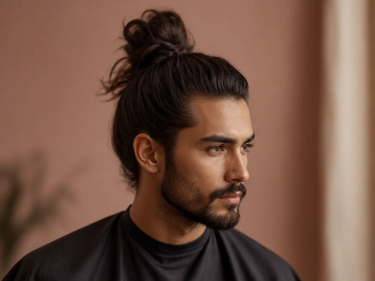 Man with long hair pulled into a tight full top-knot bun at the crown, clean-shaved sides not visible