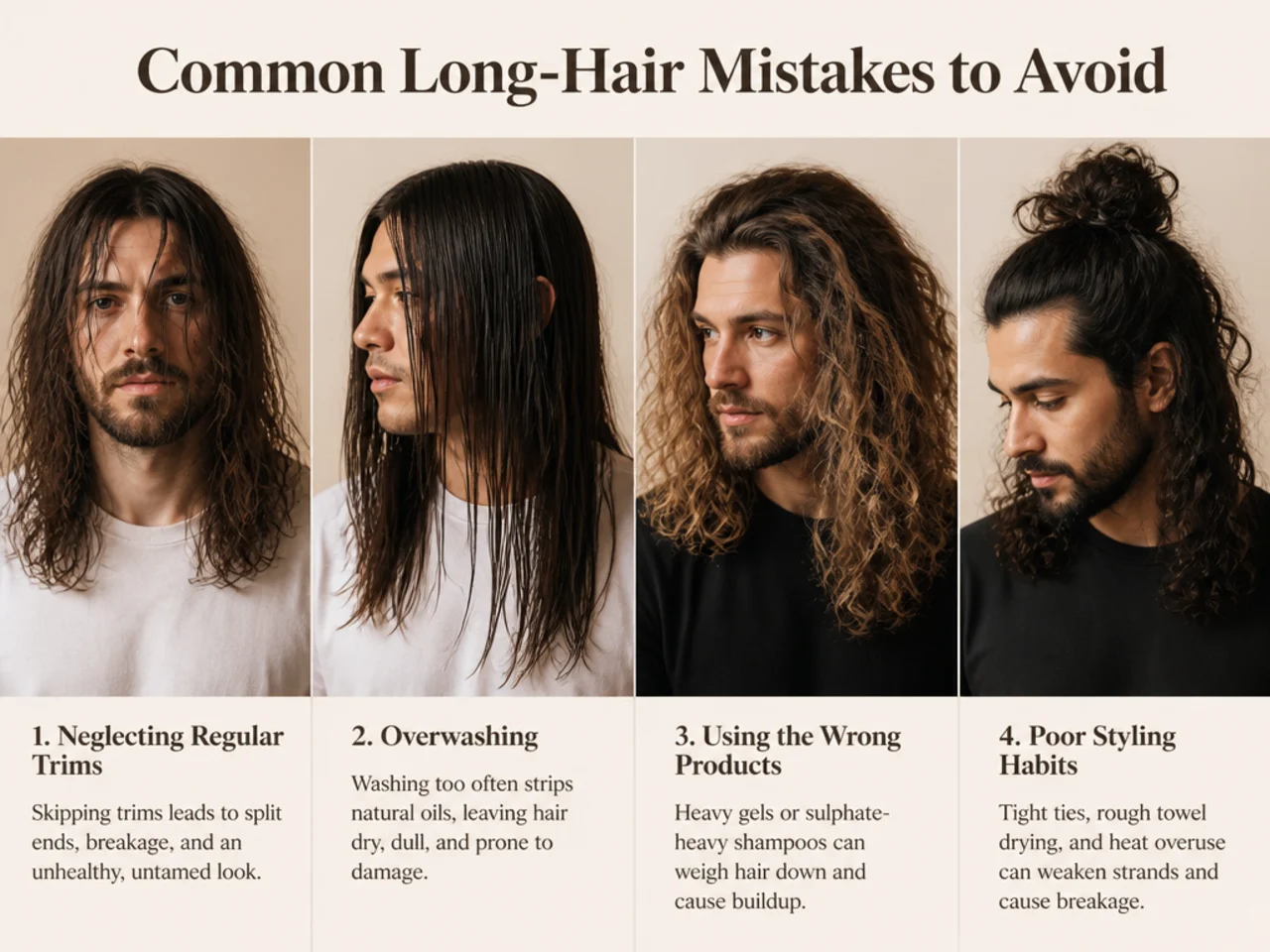 Split-panel showing common long hair mistakes on men, including frizzy ends and product buildup