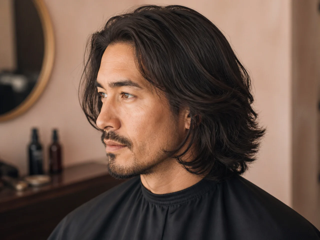 Man in a barber chair showing a phone photo of a long hairstyle to a professional barber