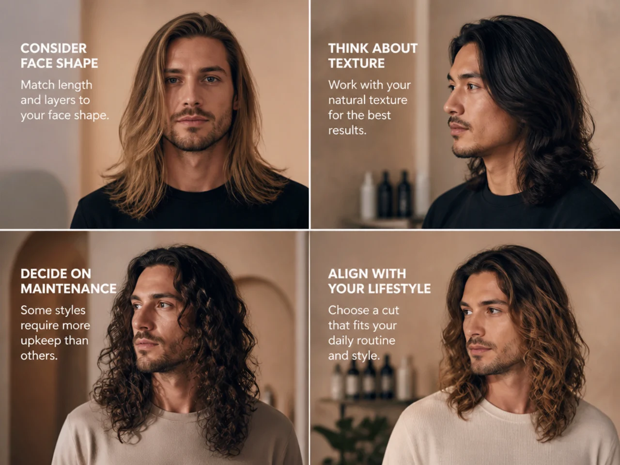 Barber consultation showing a man reviewing photos of long haircuts on a phone