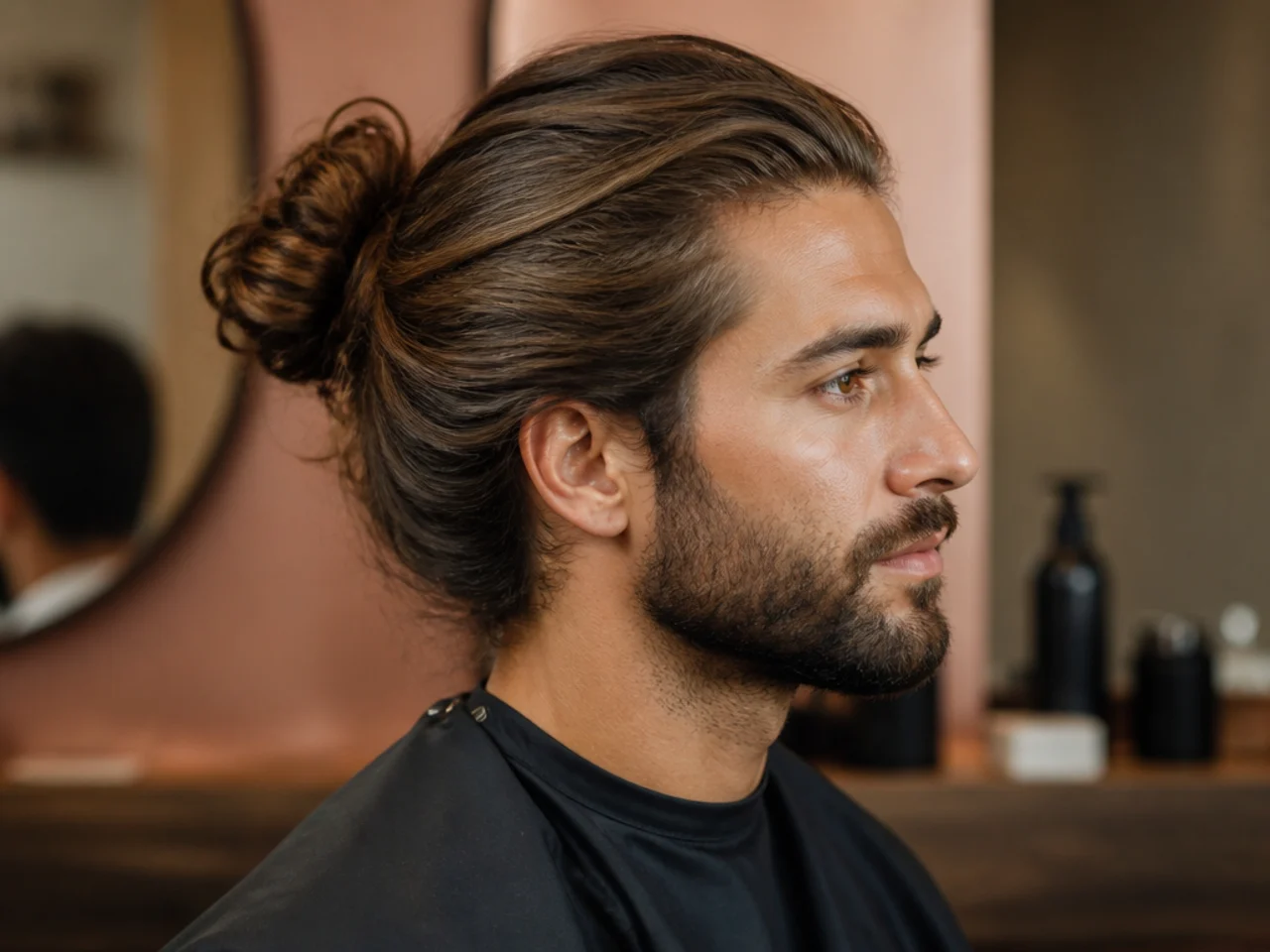 Flat-lay of long hair styling products including shampoo, leave-in, sea salt spray, and matte cream