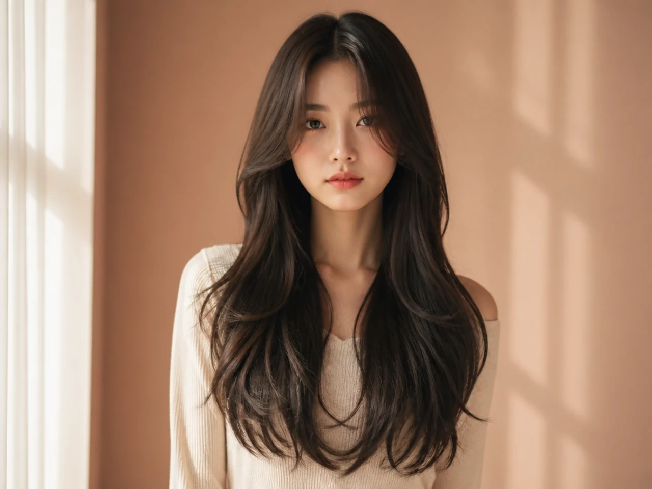 Waist-length hair with short face framing